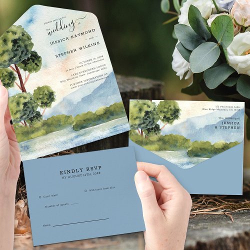 Lake Evergreen Dusty Blue Watercolor Wedding All In One Invitation