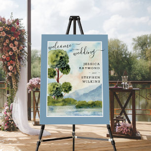 Lake Evergreen Watercolor Dusty Blue Wedding Easel Foam Board
