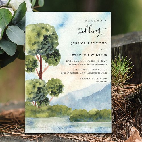 Lake Evergreen Watercolor Dusty Blue Wedding Invitation