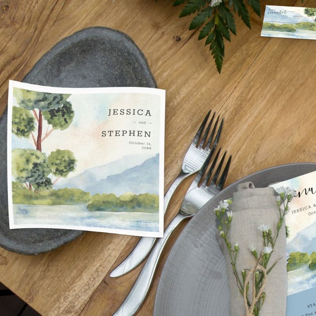 Lake Evergreen Watercolor Personalized Wedding Napkins (Creator Uploaded)