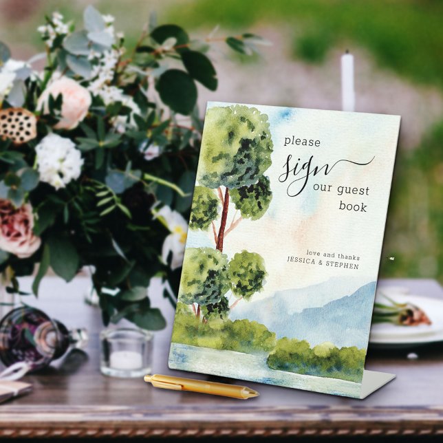 Lake Evergreen Watercolor Wedding Guestbook Pedestal Sign (Creator Uploaded)