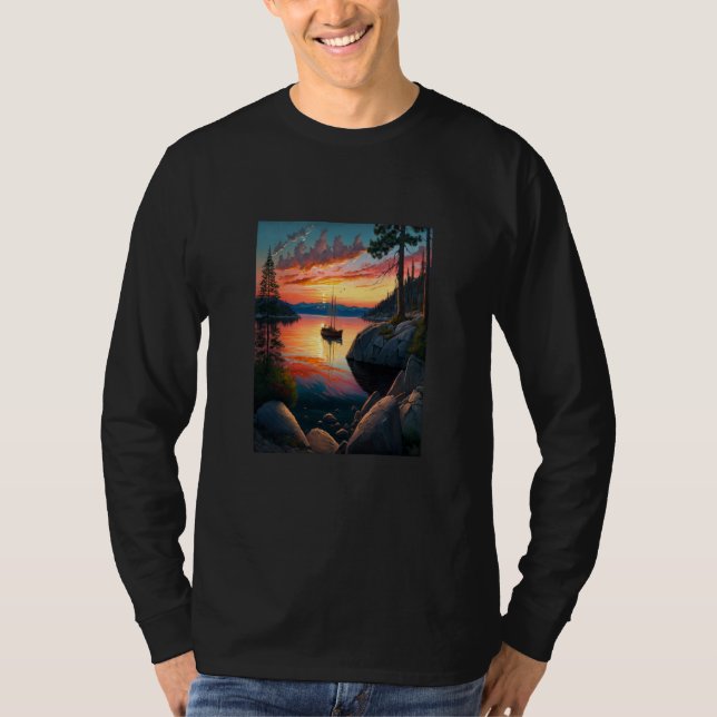 Lake Fishing Adventure Lake Tahoe Landscape Painti T-Shirt (Front)