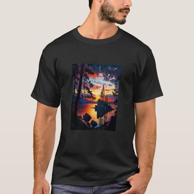 Lake Fishing Adventure Lake Tahoe Landscape Painti T-Shirt (Front)