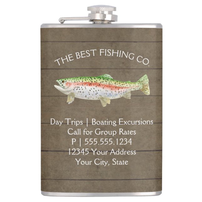 Lake Fishing Business Rainbow Trout Rustic Wood Flask (Front)