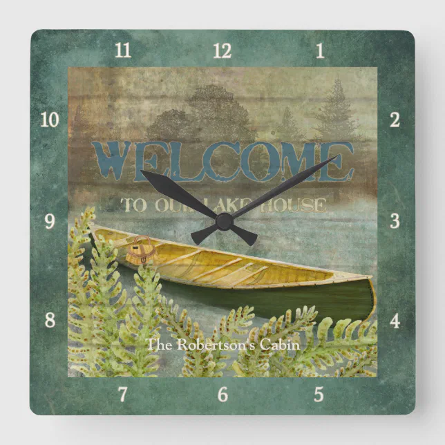 Lake Fishing, Fisherman Trees Canoe Ferns Cabin Square Wall Clock | Zazzle