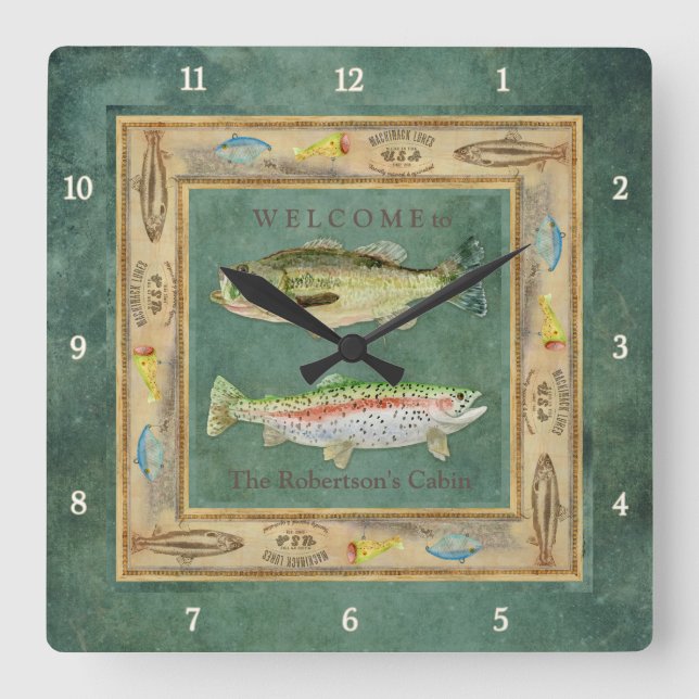 Lake Fishing, Large Mouth Bass Rainbow Trout Cabin Square Wall Clock (Front)