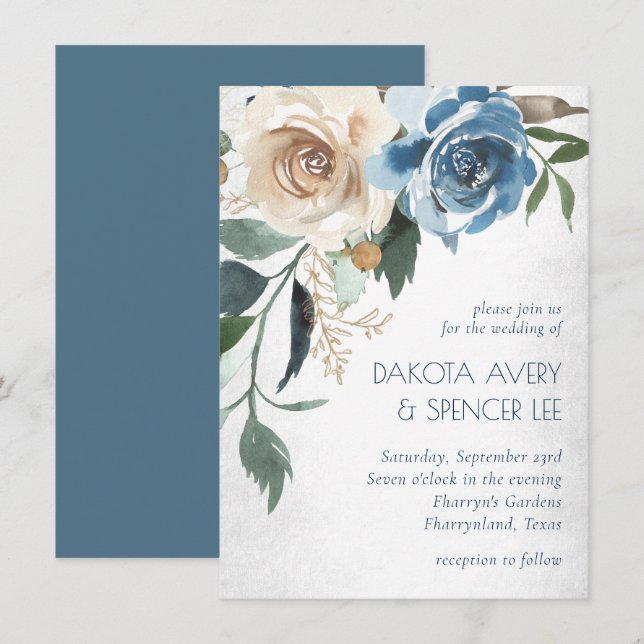 Lake Floral | Dusty Blue Denim Cream Wedding Invitation (Front/Back)