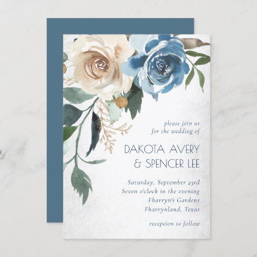 Lake Floral  Dusty Blue Denim Cream Wedding Invitation