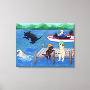 Lake Fun Labradors Painting Canvas Print