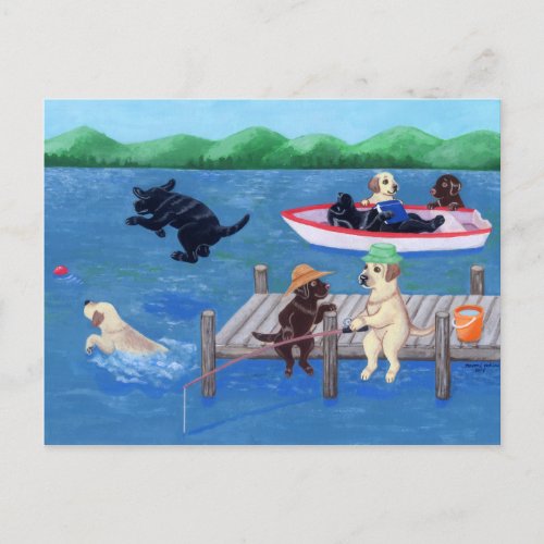 Lake Fun Labradors Painting Postcard