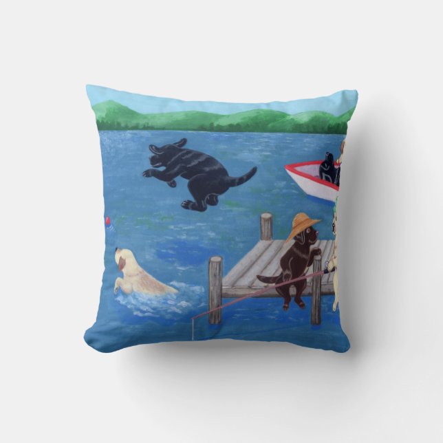 Lake Fun Labradors Painting Throw Pillow (Front)