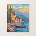 Lake Garda Italy Travel Art Vintage Jigsaw Puzzle<br><div class="desc">Lake Garda vector art design. Lake Garda,  in northern Italy,  is known for its crystal clear water. At the south end,  the town of Sirmione is dominated by the Rocca Scaligera,  a fortress with harbor views.</div>
