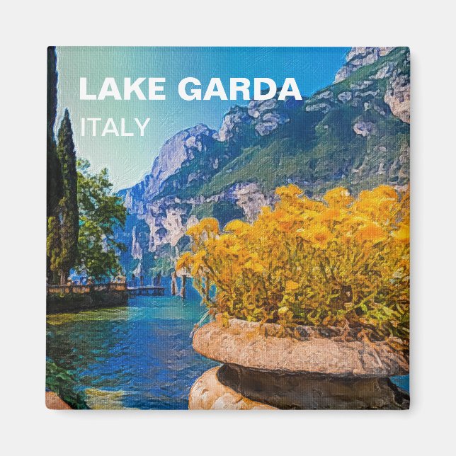 Lake Garda & Yellow Flowers Oil Painting Magnet (Front)