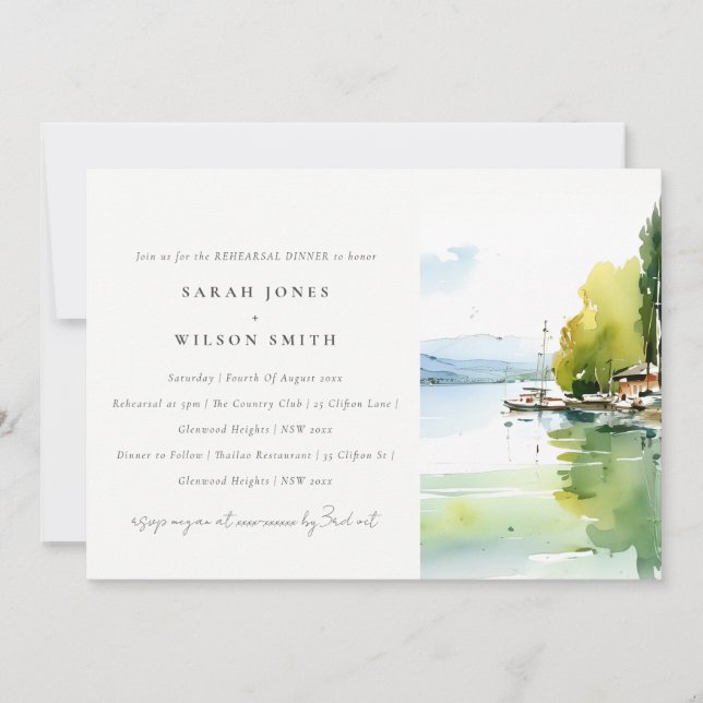 Lake Geneva Switzerland Scape Rehearsal Dinner Invitation (Front)