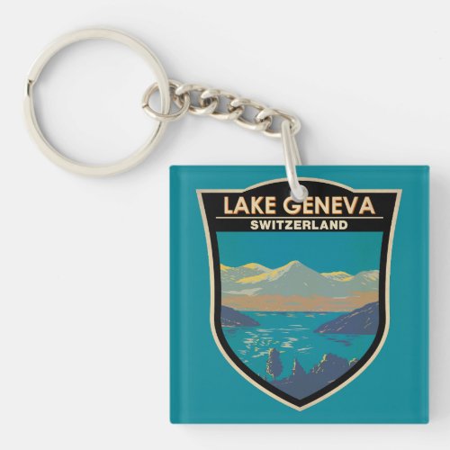 Lake Geneva Switzerland Travel Art Vintage Keychain