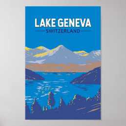 Lake Geneva Switzerland Travel Art Vintage Poster