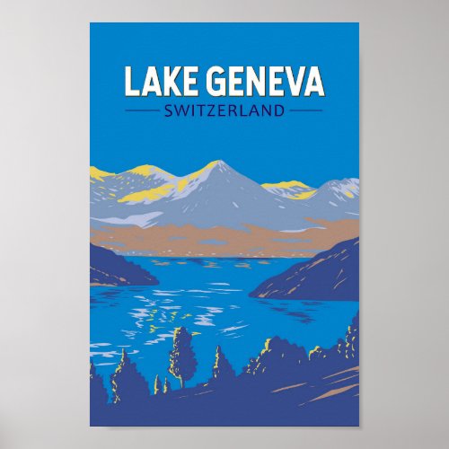 Lake Geneva Switzerland Travel Art Vintage Poster