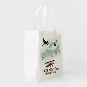 lake geneva switzerland Travel poster Grocery Bag