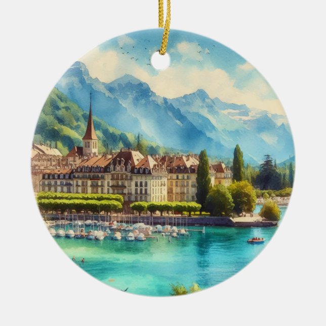 Lake Geneva Switzerland Watercolor Christmas Ceramic Ornament (Front)