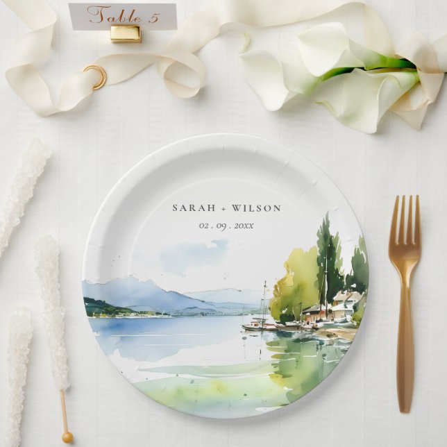 Lake Geneva Switzerland Watercolor Scape Wedding Paper Plates (Wedding)