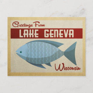 Lake Geneva Wisconsin Blue Fish Vintage Travel Postcard