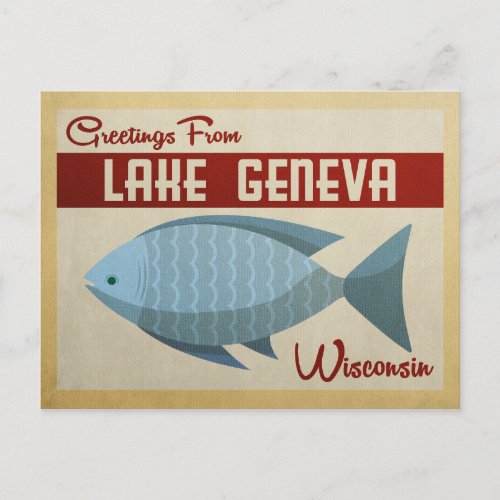 Lake Geneva Wisconsin Blue Fish Vintage Travel Postcard