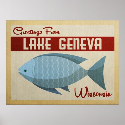 Lake Geneva Wisconsin Blue Fish Vintage Travel Poster