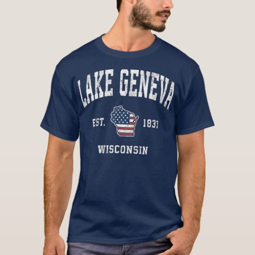 Lake Geneva Wisconsin WI Vintage American Flag T_Shirt