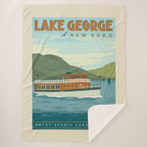 Lake George New York  Vintage Boat Sherpa Blanket