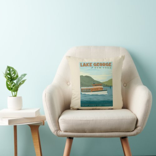 Lake George New York  Vintage Boat Throw Pillow