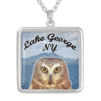 Lake George, NY Owl Photobomber Silver Plated Necklace