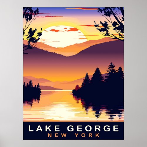 Lake George NY Romantic Sunset Travel Poster