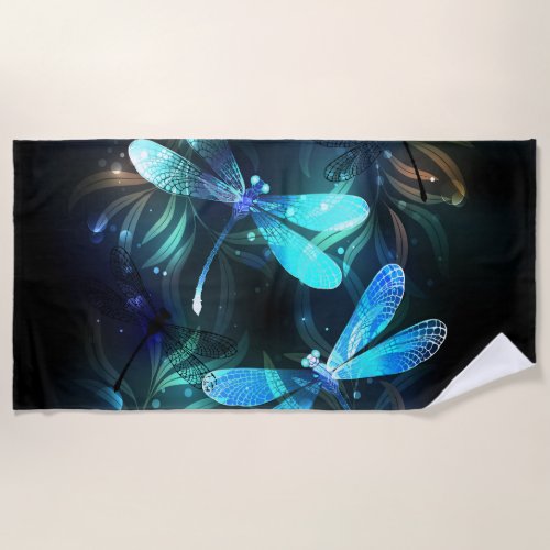 Lake Glowing Dragonflies Beach Towel