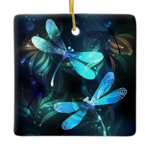 Lake Glowing Dragonflies Ceramic Ornament