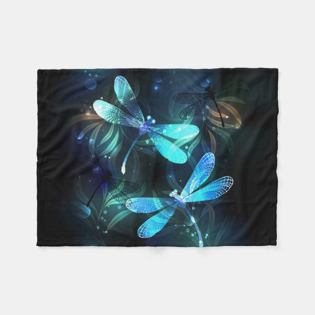 Lake Glowing Dragonflies Fleece Blanket (Front (Horizontal))