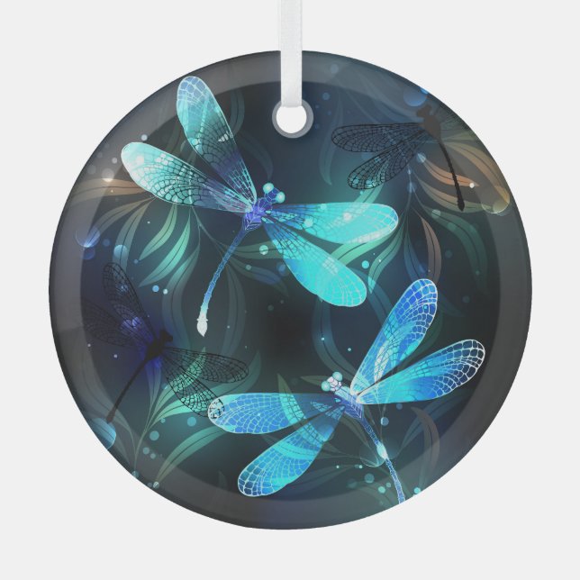 Lake Glowing Dragonflies Glass Ornament (Front)