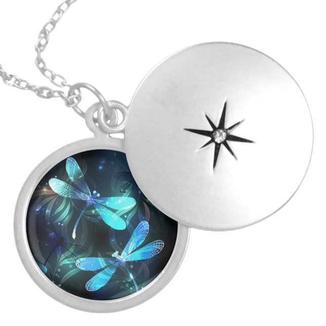 Lake Glowing Dragonflies Locket Necklace (Front)