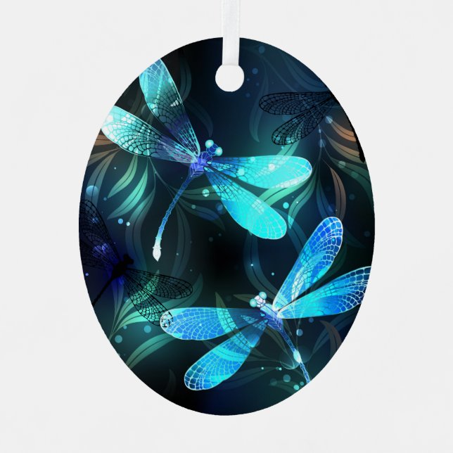 Lake Glowing Dragonflies Metal Ornament (Front)