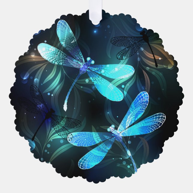 Lake Glowing Dragonflies Ornament Card (Front)