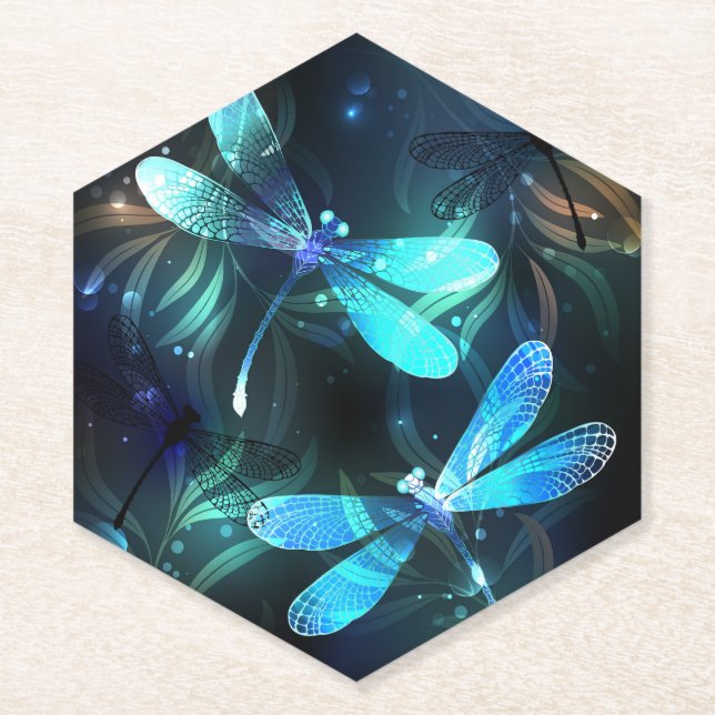 Lake Glowing Dragonflies Paper Coaster (Front)