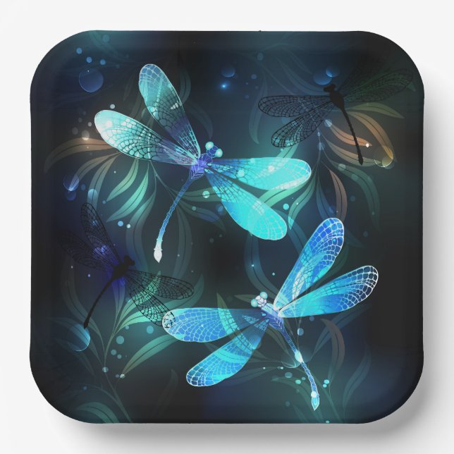 Lake Glowing Dragonflies Paper Plates (Front)