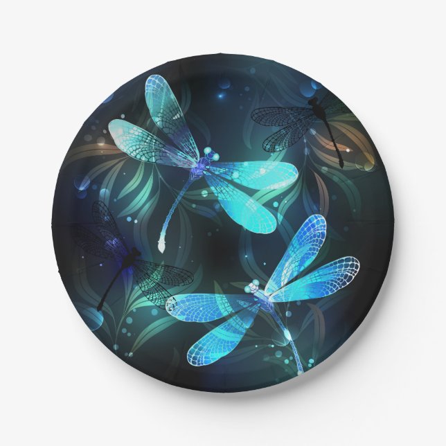 Lake Glowing Dragonflies Paper Plates (Front)