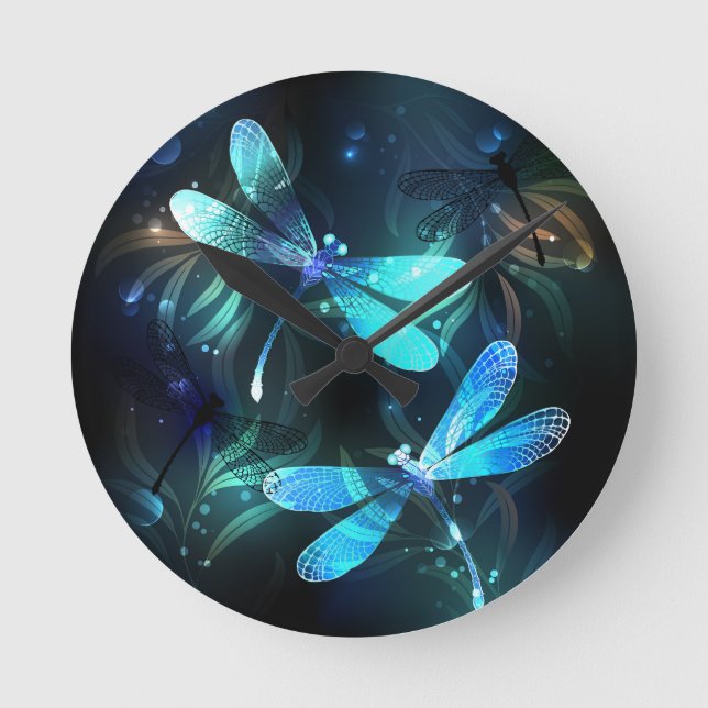 Lake Glowing Dragonflies Round Clock (Front)