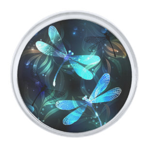 Lake Glowing Dragonflies Silver Finish Lapel Pin