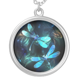 Lake Glowing Dragonflies Silver Plated Necklace