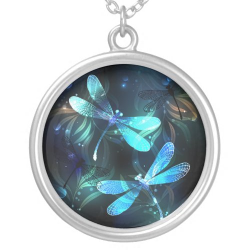 Lake Glowing Dragonflies Silver Plated Necklace