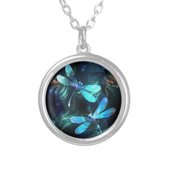 Lake Glowing Dragonflies Silver Plated Necklace (Front)