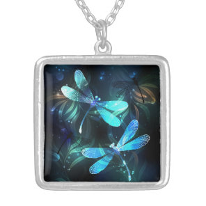 Lake Glowing Dragonflies Silver Plated Necklace
