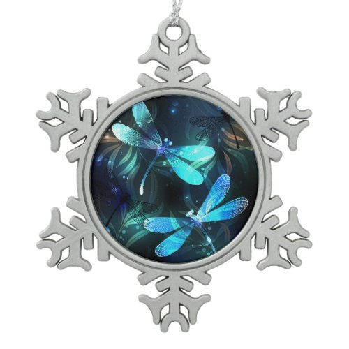 Lake Glowing Dragonflies Snowflake Pewter Christmas Ornament