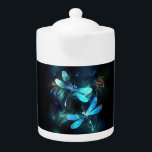 Lake Glowing Dragonflies Teapot<br><div class="desc">Two transparent,  luminous,  turquoise,  artistically drawn dragonflies on night background with luminescent lake algae and fireflies. Glowing dragonfly.</div>